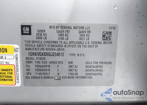 2016 Chevrolet Traverse 1Lt z USA, uszkodzony, nr VIN 1GNKVGKD6GJ234612